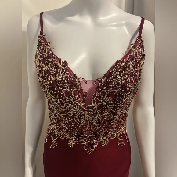 Let’s Sz XS Elegant Burgundy Dress Gold Embroidery Whimsigoth Romantic Dark Goth - Picture 3 of 14